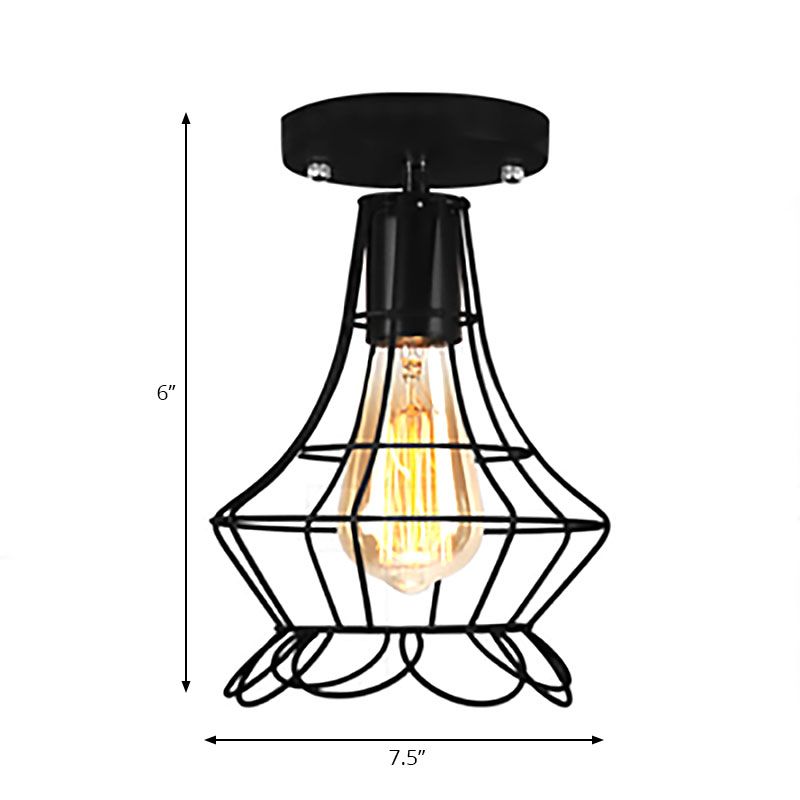 Plafonnier semi-encastré en fer Global/Barrel avec protection en fil de style ferme, plafonnier à 1 lumière pour café, noir