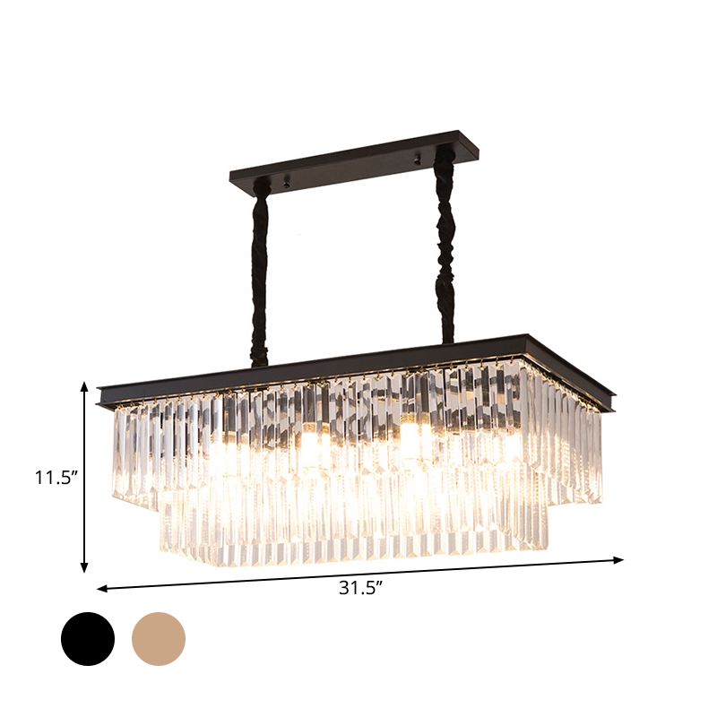 8 Bulbs Island Lamp Country Dining Room Hanging Light Kit with Rectangle Faceted Crystal Shade