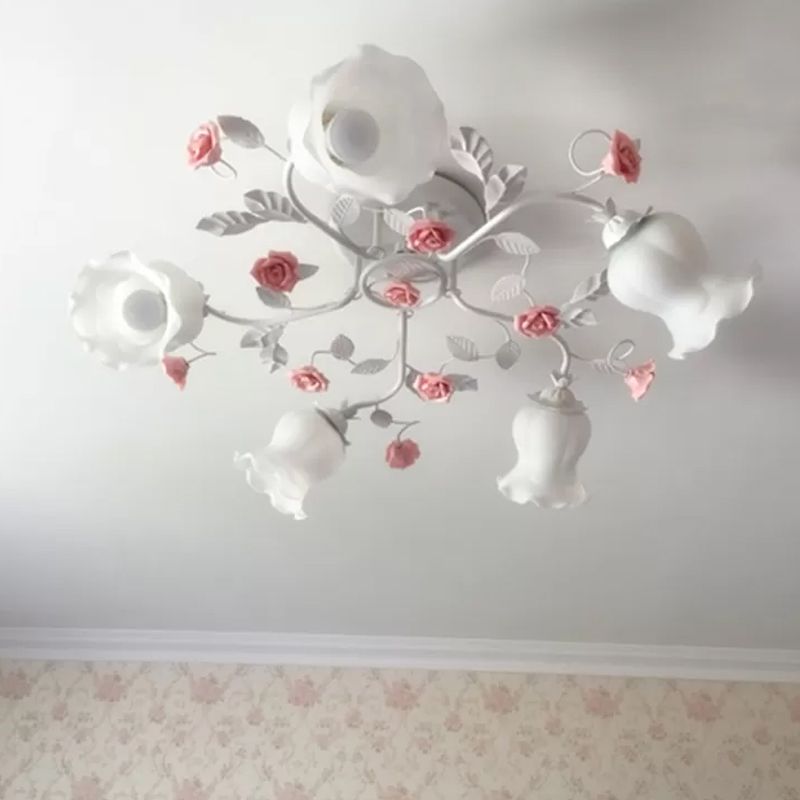 5 Bulbs Semi Flush Mount Korean Garden Floral Frosted White Glass Ceiling Flush Light for Bedroom