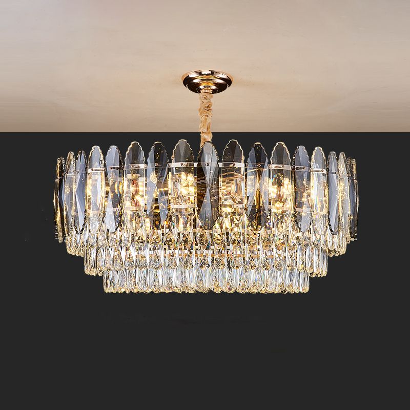 Artistic Tiered Chandelier Lighting Minimalist Clear K9 Crystal Living Room Pendant Light in Gold
