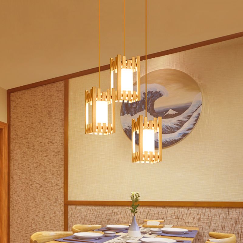 Houten cluster arbor hanger Aziatische 3 bollen beige plafondophanging lamp met ingebouwde stoffen lampenkap