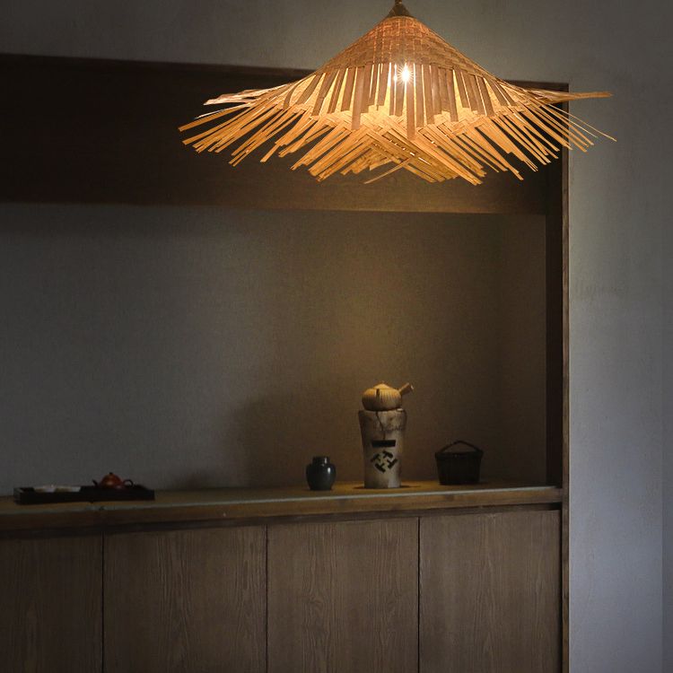 Hat Shape Suspension Pendant Light Bamboo Restaurant Pendant Ceiling Light in Beige