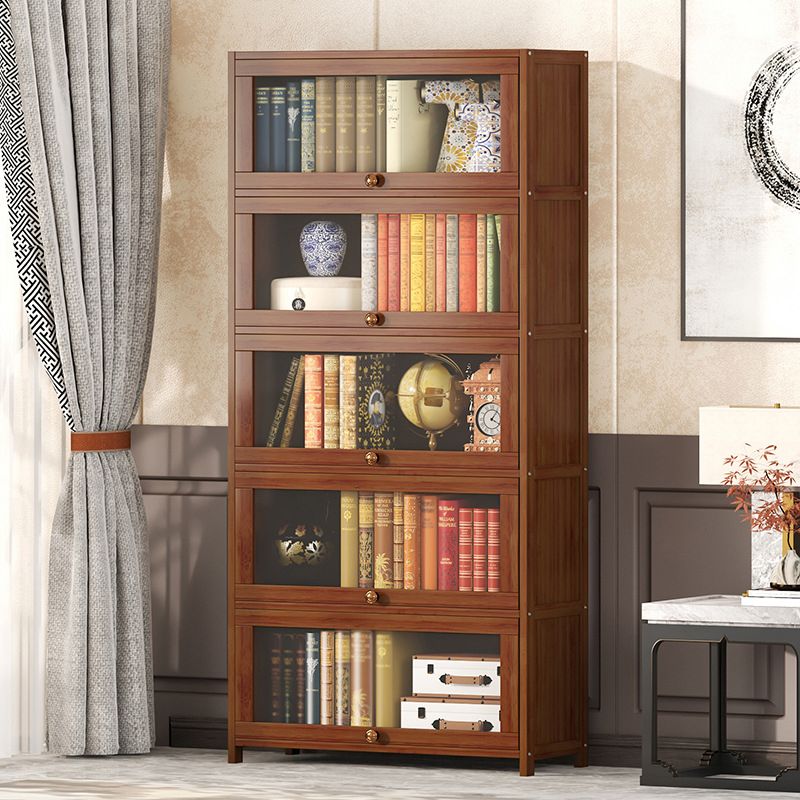 Contemporary Brown Bamboo Bookshelf Closed Back Bookcase with Door for Home Office