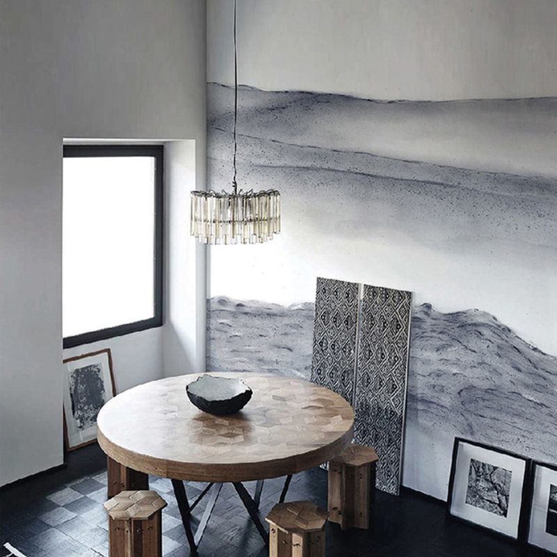 Minimalist Mountains Drawing Mural Decal Grey and White Dining Room Wall Art, Custom Printed
