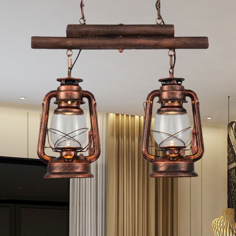 Bronze/Copper Lantern Island Light Fixture Coastal Clear Glass 2-Bulb Kitchen Hanging Lamp