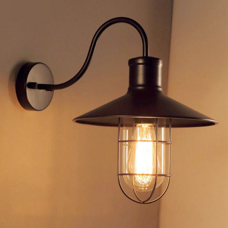 Black Conical Wall Lamp Industrial Metal 1 Head Corridor Gooseneck Wall Sconce with Cage