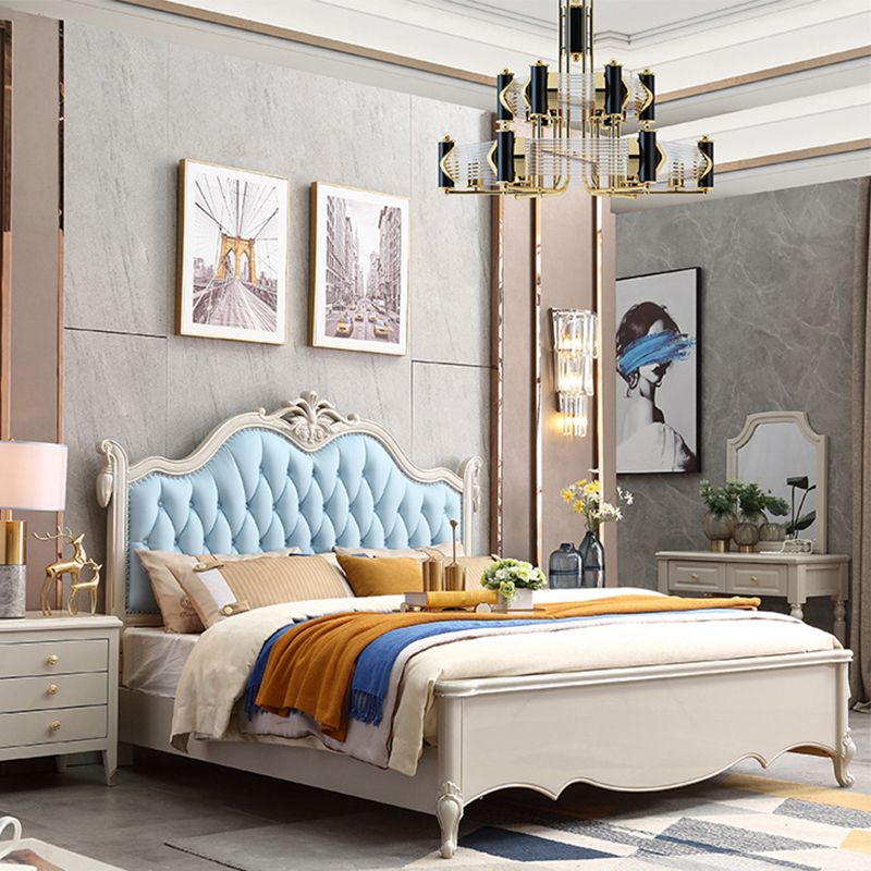 84.65 inch Wide Victorian Standard Bed Rubberwood Bed Frame with Upholstered Headboard