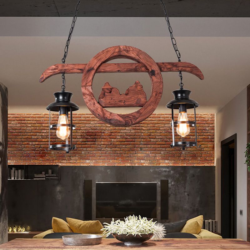 2/6/8 LUMIÈRES LANTERIE PENDANT Ferme de lampe brune îlot en verre transparent avec cercle / trapézoïde / bras en bois sillonnant