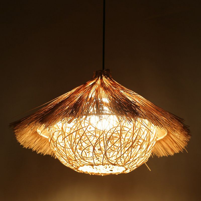 Rattan Cage Pendulum Light Country 1 Bulb Beige Hanging Ceiling Light for Restaurant