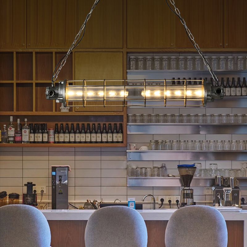 Iluminación colgante de metal de plata industrial de la jaula cilíndrica de alambre con alambre con sombra de vidrio transparente interno