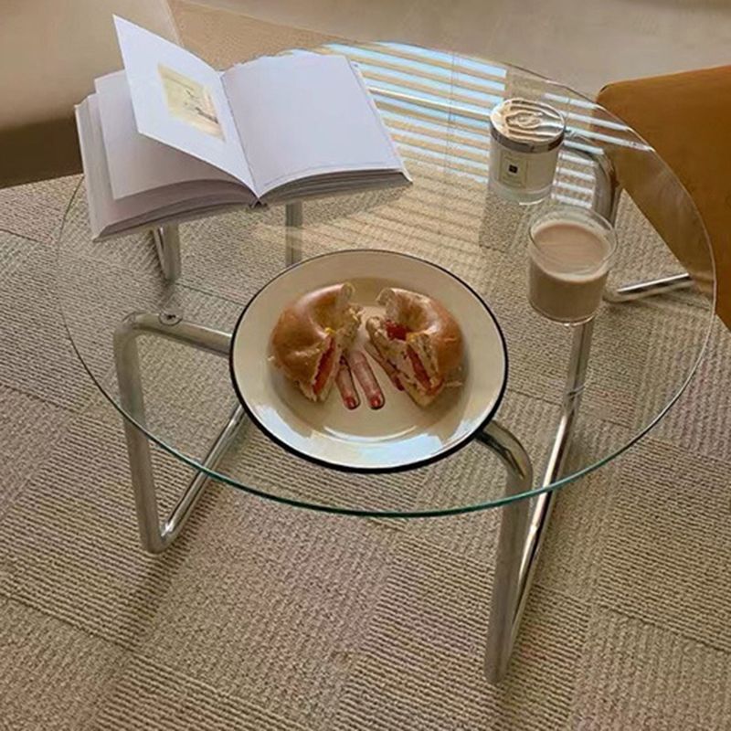Contemporary Round Glass Top Cocktail Table with Sled Steel Base