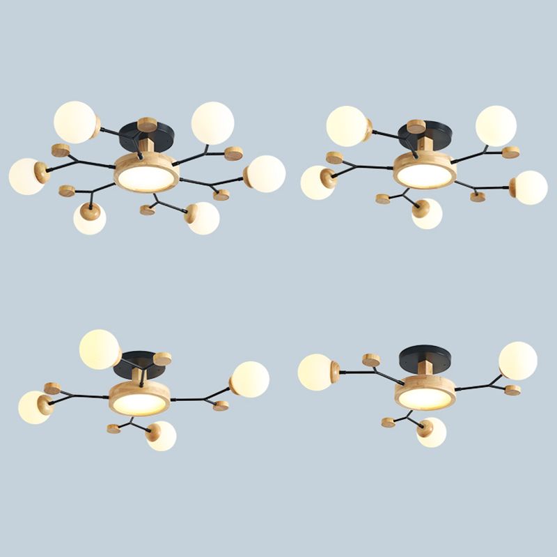Nordic Solid Wood Ceiling Light White Glass Modos Semi Flush Light for Living Room