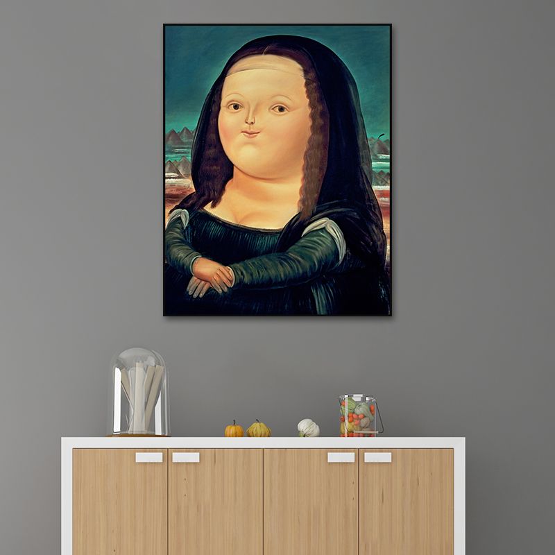 Mona Lisa Smile Canvas Art Cartoon Cute Figure Painting Wall Decor in Black and Blue