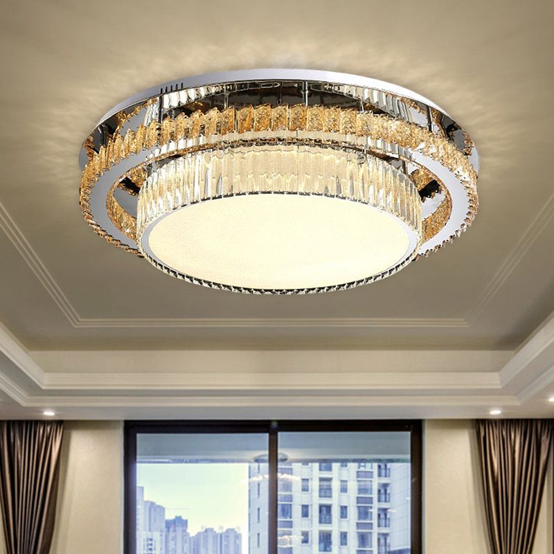 19.5"/23.5" Wide Drum Ceiling Lamp Modern Beveled Glass Crystal LED Chrome Flushmount Lighting for Restaurant