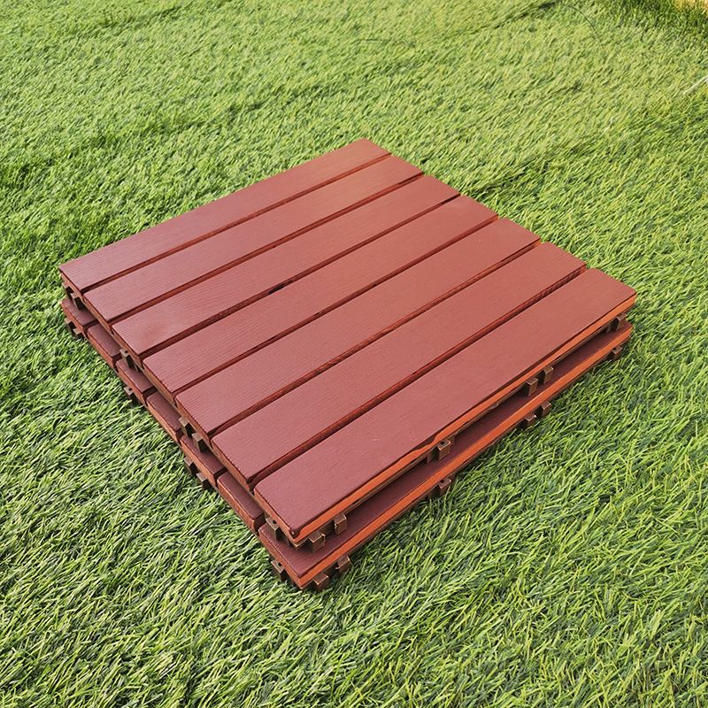 Red 6-Slat Square Wood Patio Tiles Snap Fit Installation Floor Board Tiles