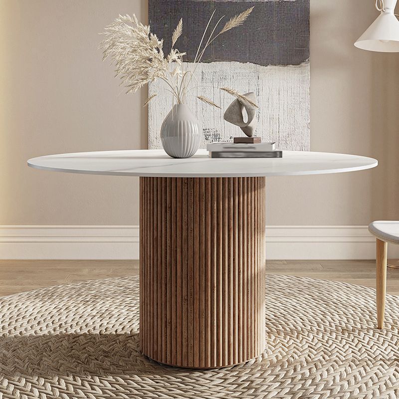 Contemporary Stone Dining Table Round Dining Table with Wood Pedestal Base