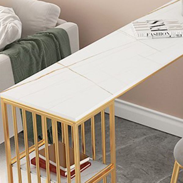 Glam Rectangle Pub Table for Living Room Glossy White Stone Top Bar Table with Storage