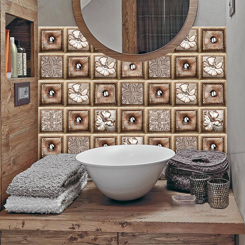 Rustic Wood Floral Wallpaper Panel Set 10 Pcs Brown Peel and Stick Wall Covering for Kitchen