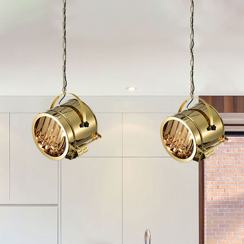 Stainless Steel Gold Pendant Light Fixture Drum 1-Head Art Deco Spotlight with Handle for Office