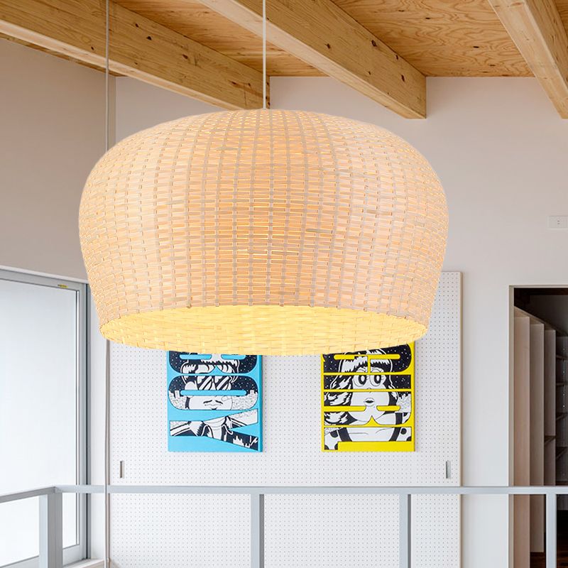 12"/19.5" Wide Dome Woven Bamboo Ceiling Pendant Lamp Asian Single Light Beige Hanging Light for Restaurant Dining Room