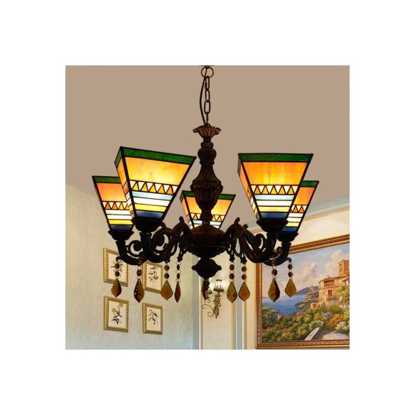Geometrisch hängende leichte Retro -Buntglas 5 Lampenleuchter Kronleuchter mit Kristallanhängen in Gelb/Blau für Schlafzimmer