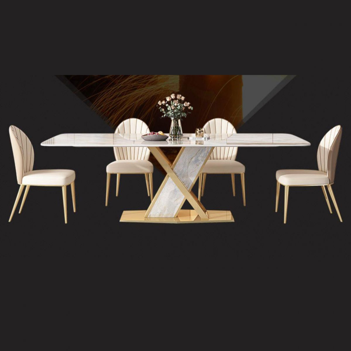 Glam Dining Rectangle Table Sintered Stone Table with Metal Legs for Kitchen