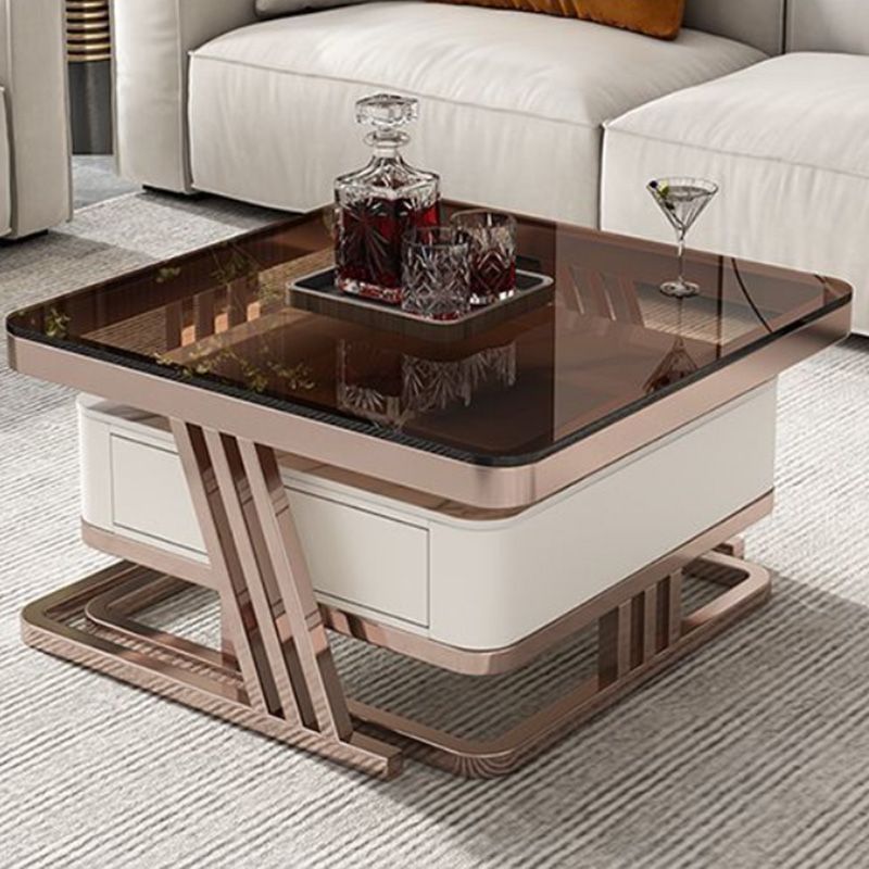 2 Nesting Coffee Table Set Slate & Glass Top Square Cocktail Table with Drawers