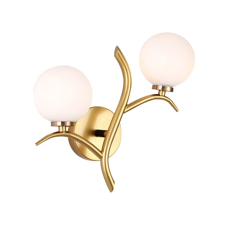 2 Bulbs White Glass Wall Sconce Modern Gold/Black Globe Dining Room Sconce Light with Branch-Shaped Arm
