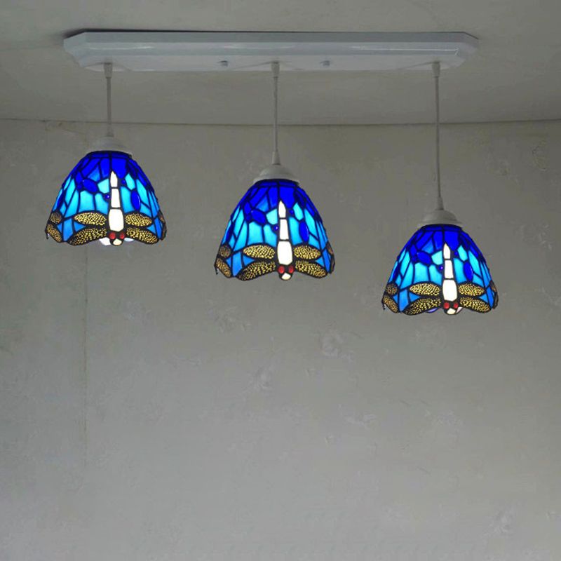 Cut Glass Drop Lamp Dome 3 Bulbs Mediterranean Pendant Lighting Fixture with Dragonfly Pattern