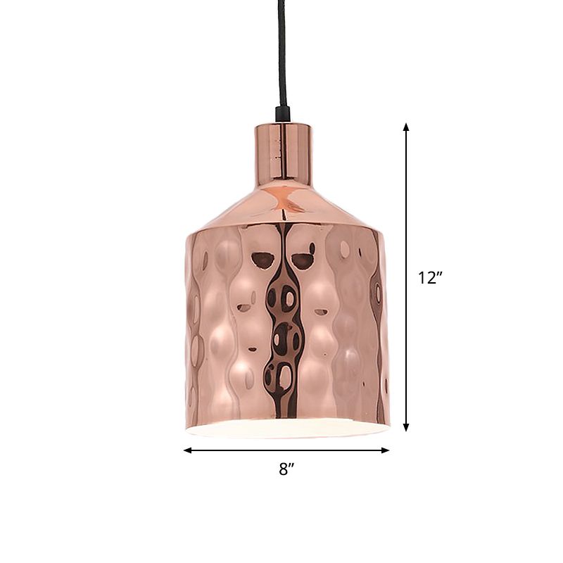 Mid Century Single Hanging Lamp Iron Rose Gold Dimpled Cylindrical Pendant Lighting Fixture
