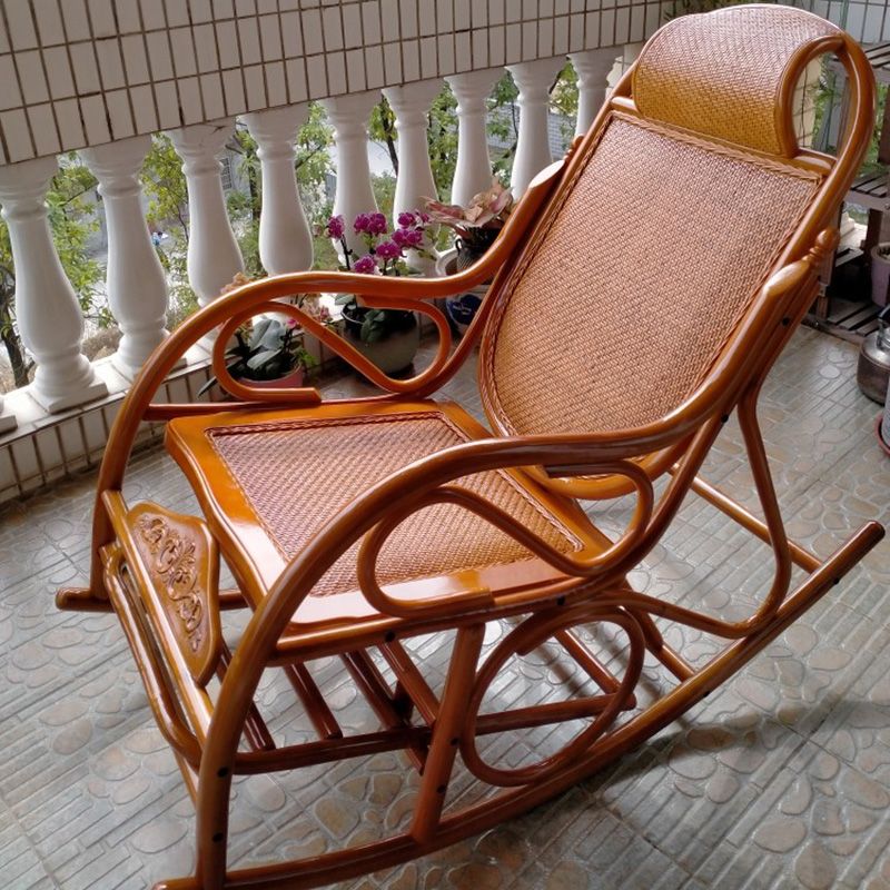 Traditional Rocking Chair Rattan Frame Solid Color Built-in Armrest Indoor Rocking Chair