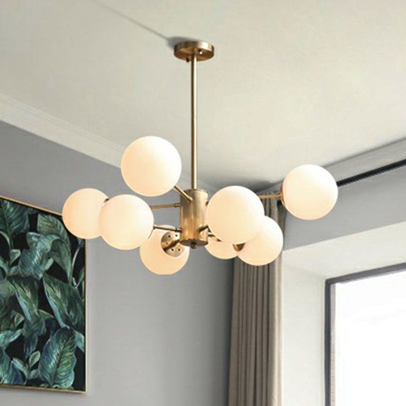 Frosted White Glass Ball Chandelier Minimalist Gold Finish Hanging Ceiling Light for Dining Room
