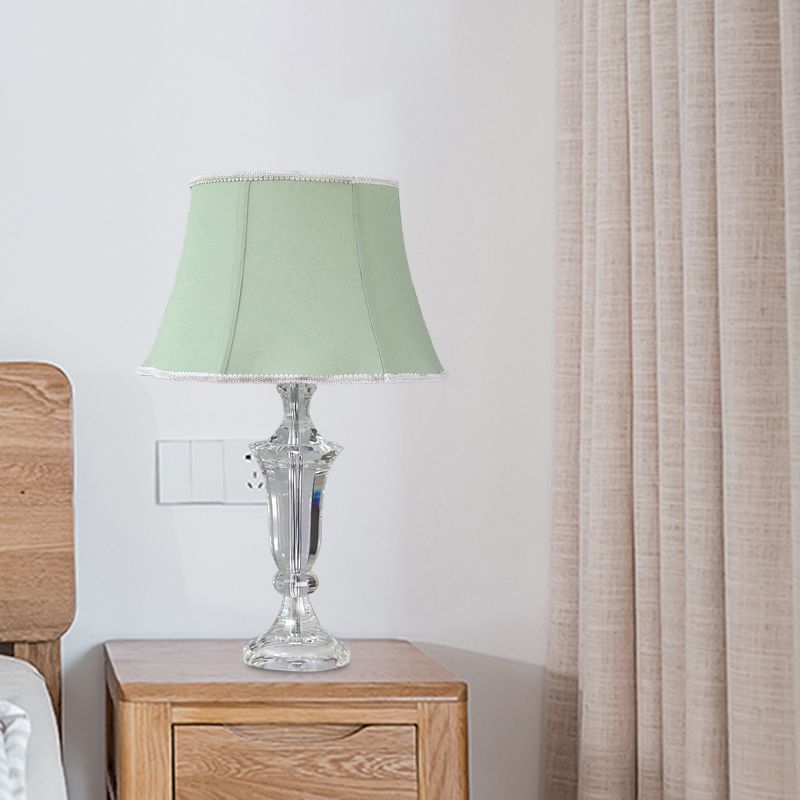 1 Light Paneled Bell Table Lamp Rustic Green Fabric Night Light for Bedroom with Crystal Base
