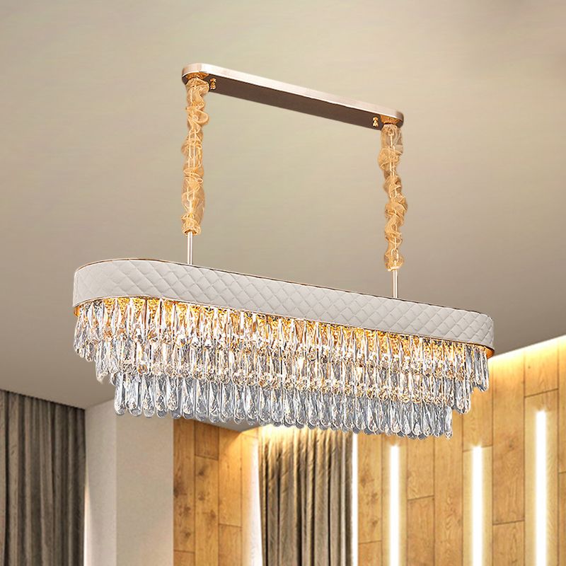 Drum Crystal Drops Island Lighting Modern 12 Heads Dinning Room Pendant with White Leatherwear Detail