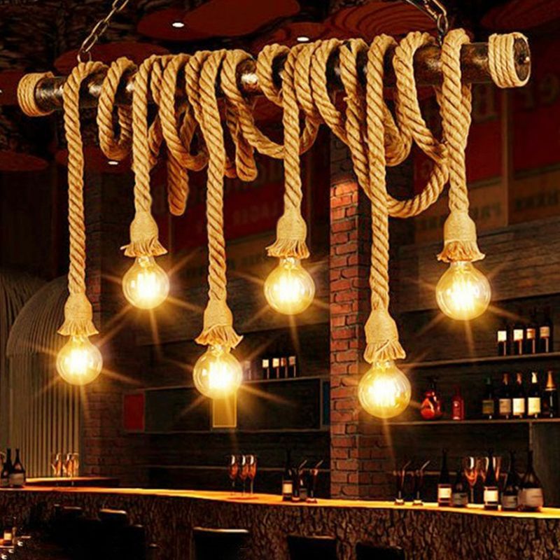 4/6 Lights Jute Rope Island Pendant Farmhouse Brown Linear Wine Bar Hanging Ceiling Light
