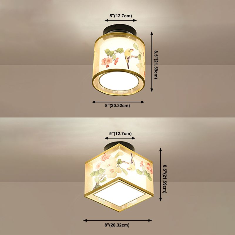 Plafonnier encastré de 8 pouces de large, plafonnier de style asiatique avec abat-jour en tissu pour le salon