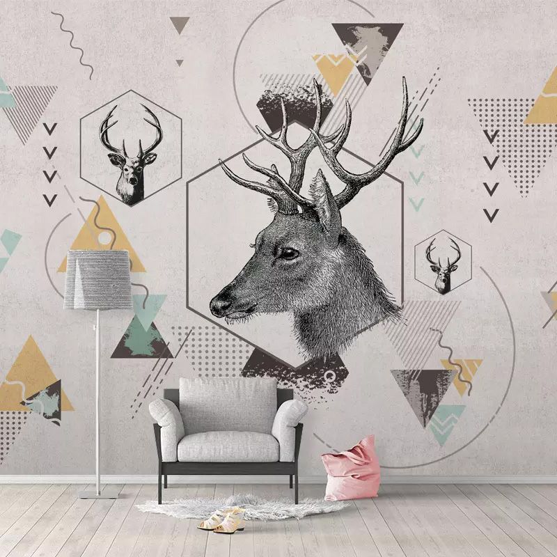 Wild Deer and Geometries Mural for Home Decor Contemporary Wall Art, Personalized Size Available