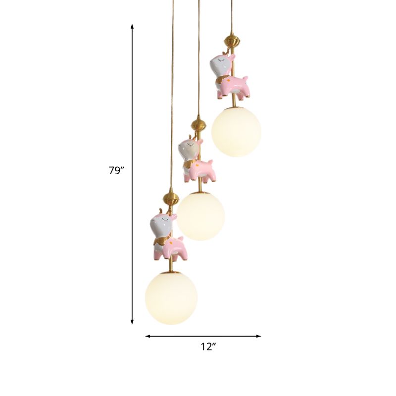 Cartoon Deer Cluster Ball Anhänger Creme Glas 3-Kopf-Kinderzimmer Hanging Deckenleuchte in Pink