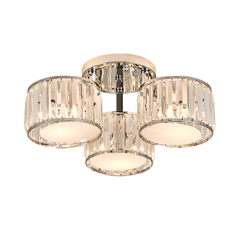 Crystal Drum Flush Mount Modernist 3/5/7 Heads Living Room Ceiling Lamp in Chrome Finish