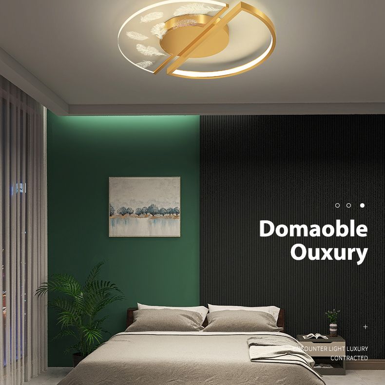 Gold Circular Feather LED Ceiling Light in Modern Luxury Style Acrylic Flush Mount for Bedroom