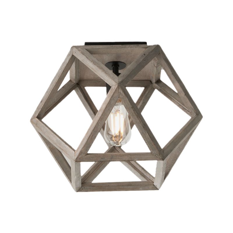 Beige Single Bulb Ceiling Lighting Minimalism Wood Candle-Like Flush Mount Fixture with Pentagon Cage