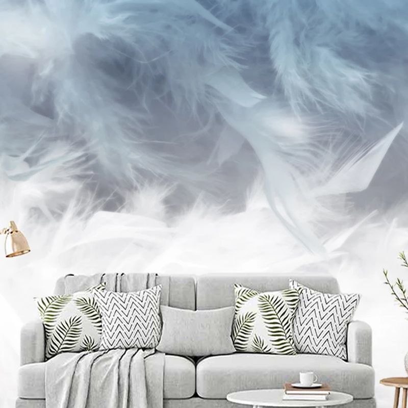 Feather Wall Art in Grey and Blue, Minimalist Wall Mural for Home Decoration