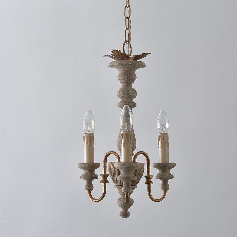 Distressed White Curved Arm Pendant Chandelier Rural Wood 3 Bulbs Dining Room Hanging Ceiling Light