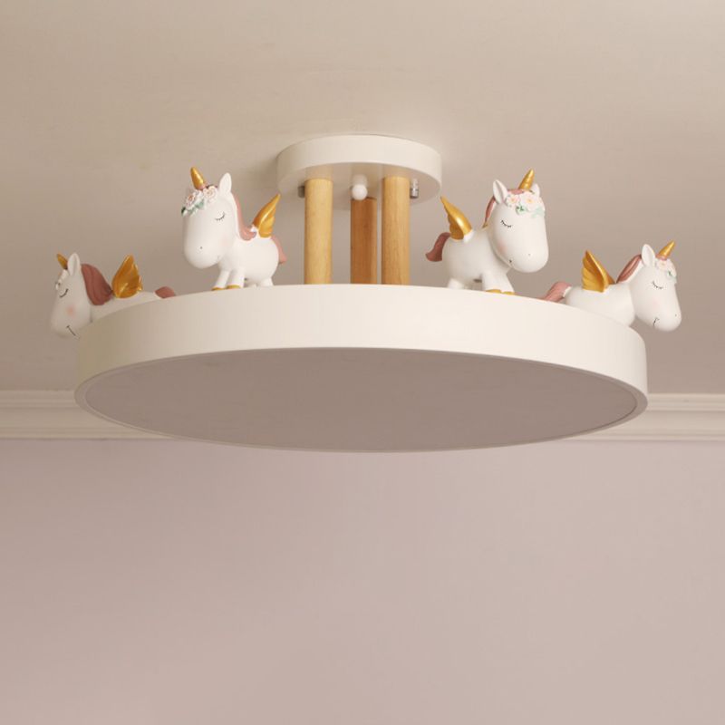 Runde LED Semi Flush Mount Kids Style Acryl Baumschule Deckellicht mit Harz Einhorn