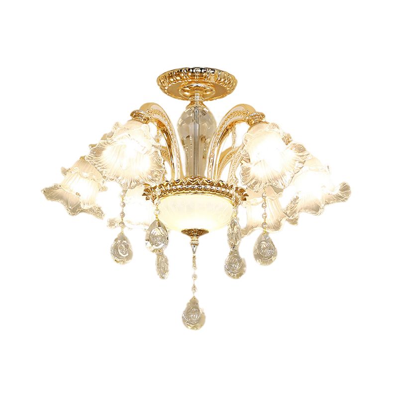 Hand-Cut K9 Crystal Flower Semi Flush Mid Century 6 Lights Bedroom Flush Ceiling Light Fixture in Gold