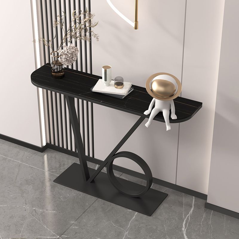 Iron Pedestal Base Accent Table with Half Moon Stone Top for Hall