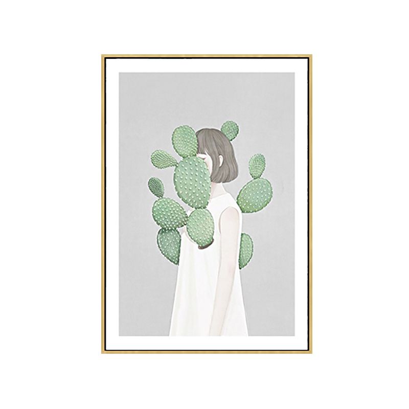 Green Cactus Girl Canvas Art Figure Drawing Kids Style Textured Wall Decor for Room