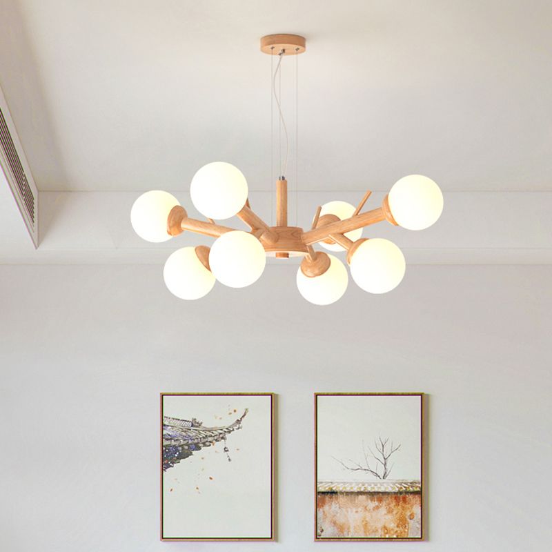 Wood Branch Ceiling Lighting Simplicity Chandelier Light Fixture with Globe Frosted Glass Shade