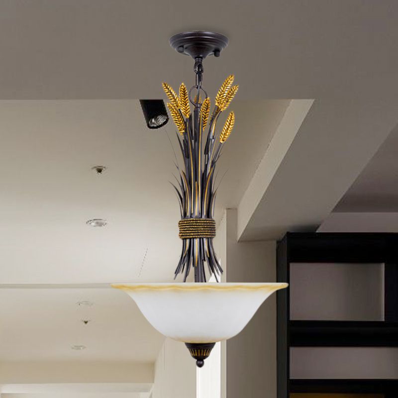 Bowl Shape Bedroom Chandelier Light Traditional Opal Glass 3 Bulbs Black-Gold Hanging Lamp with Wheat Deco