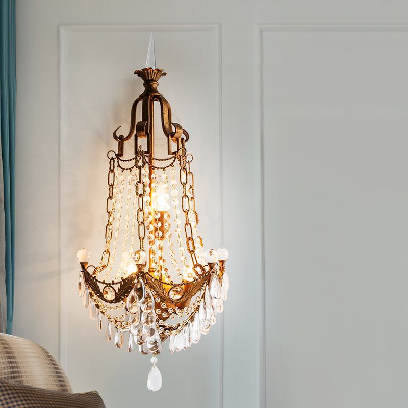 3 Lights Wall Mounted Light Countryside Beaded Crystal Sconce in Antique Brass for Living Room